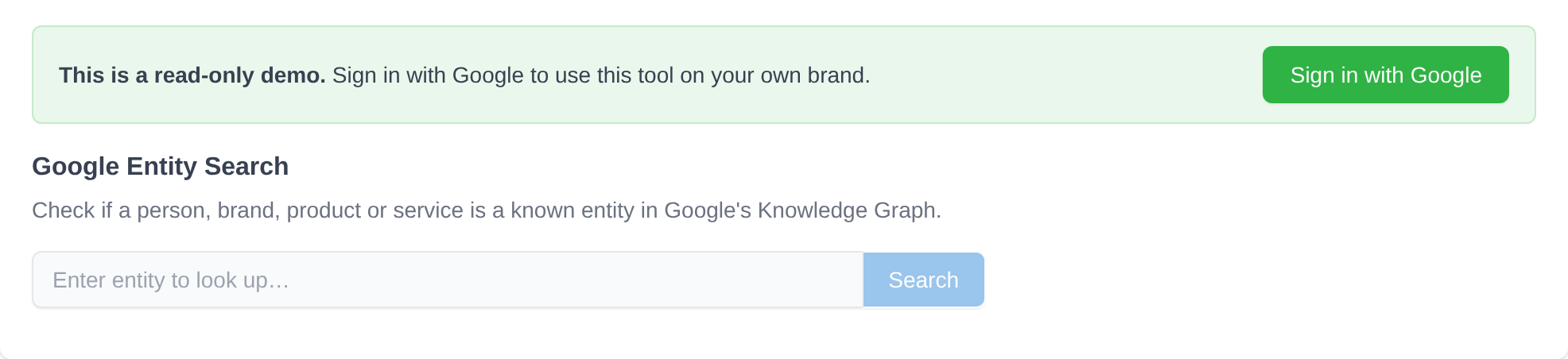 The Google Entity Search tool in the demo project: a read-only demo banner, a text box and a Search button.