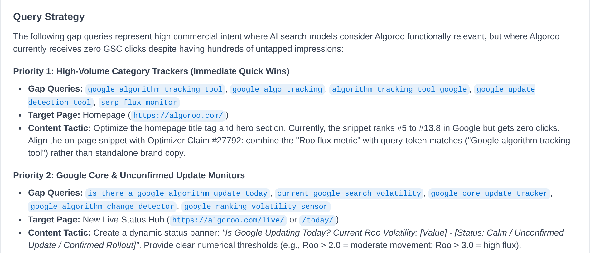 Query Strategy section of the demo analysis: Priority 1 lists five gap queries with the homepage as the target page; Priority 2 lists five update-monitor queries with a new live status page as the target.