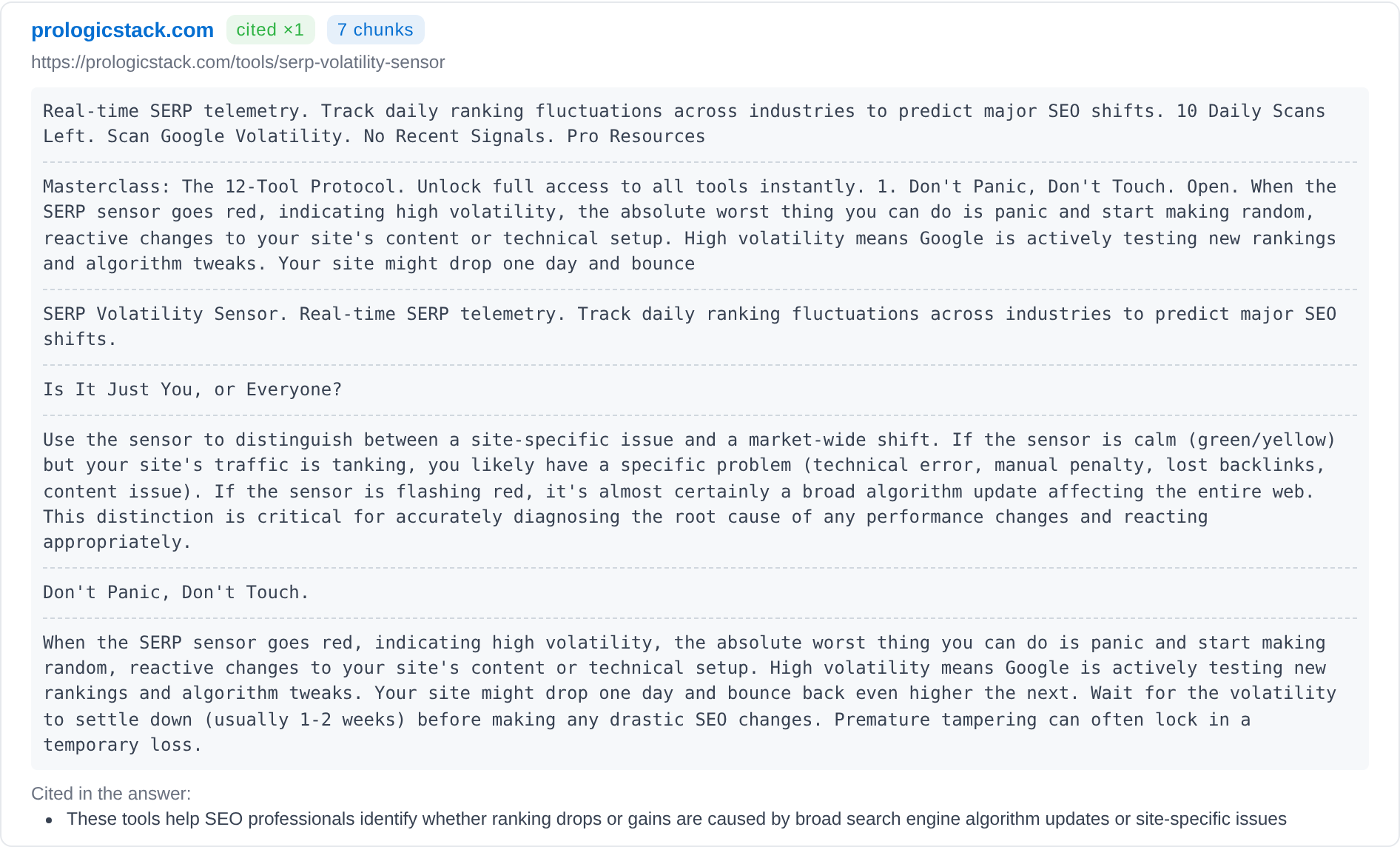 Source card for prologicstack.com: cited once, 7 chunks of captured text, and the answer passage it backs.