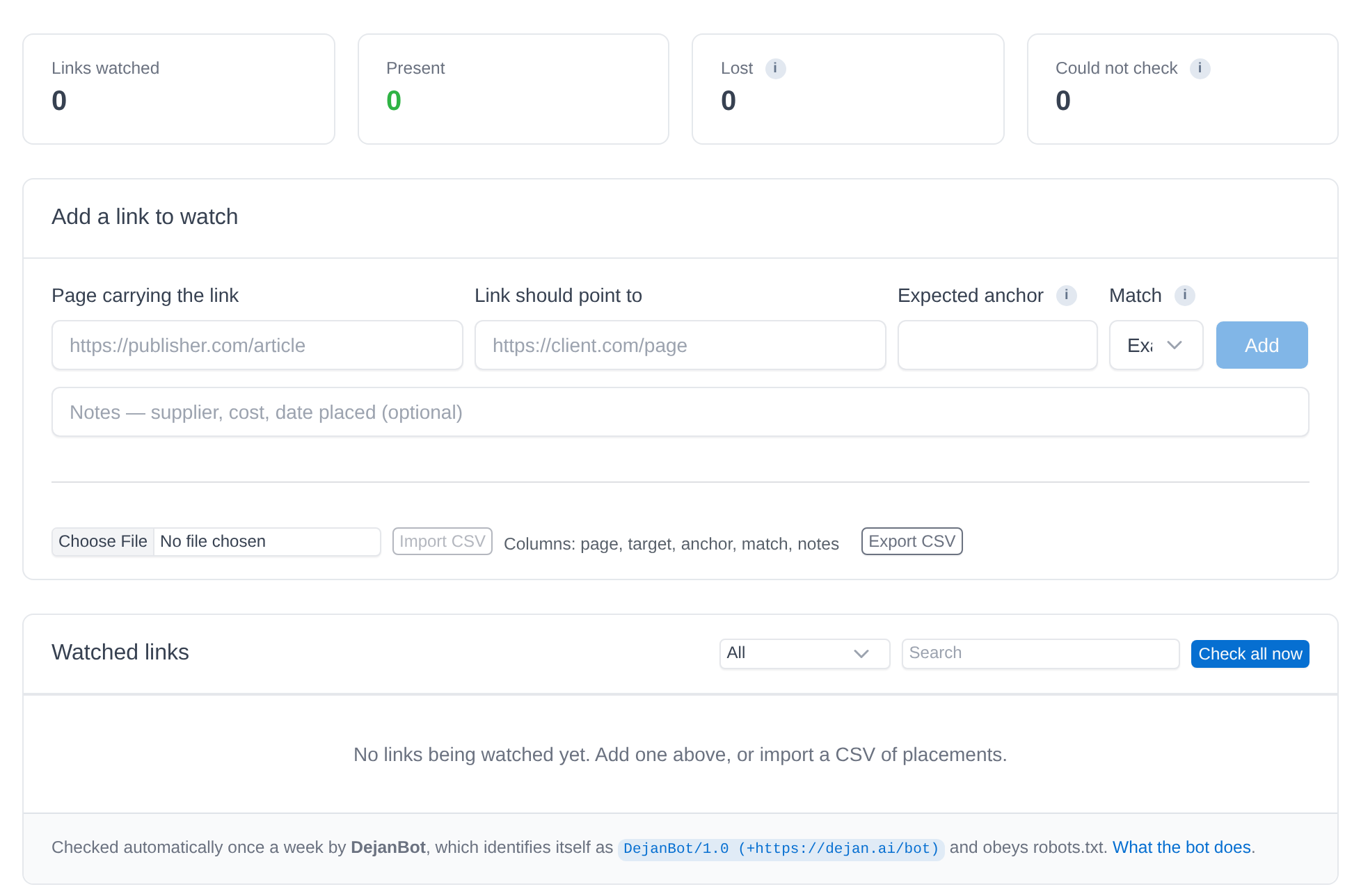 Link Monitor sub-tab: count cards for Links watched, Present, Lost and Could not check, the Add a link to watch form with Import CSV and Export CSV, and the Watched links table with Check all now.