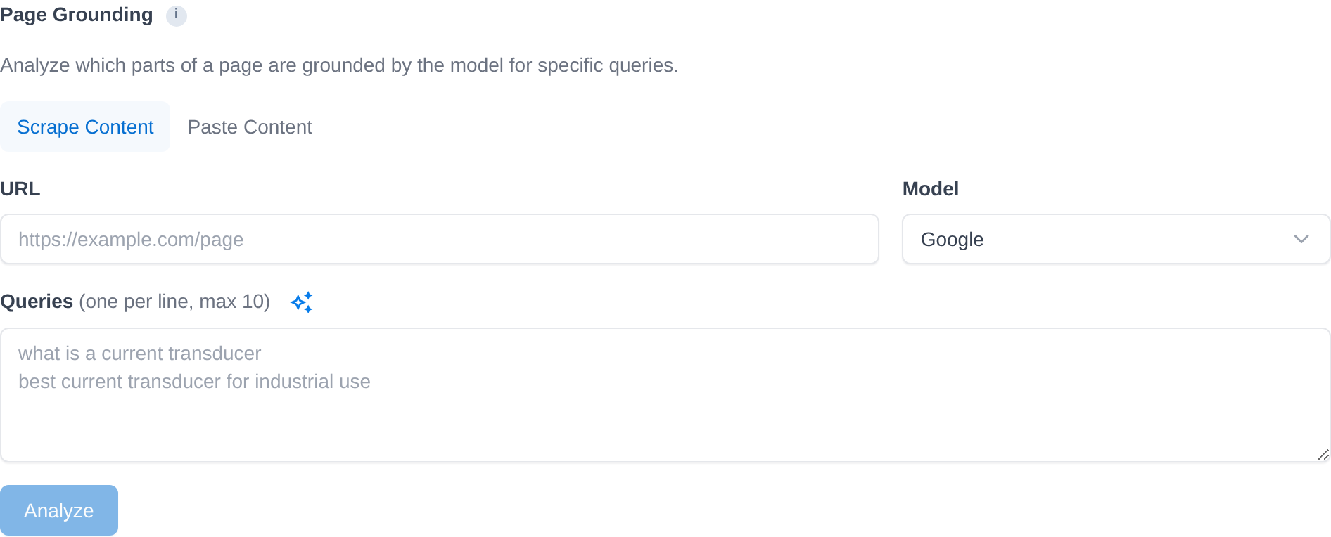 The Page Grounding form: Scrape Content and Paste Content pills, URL, Model set to Google, and a Queries box for up to 10 queries.