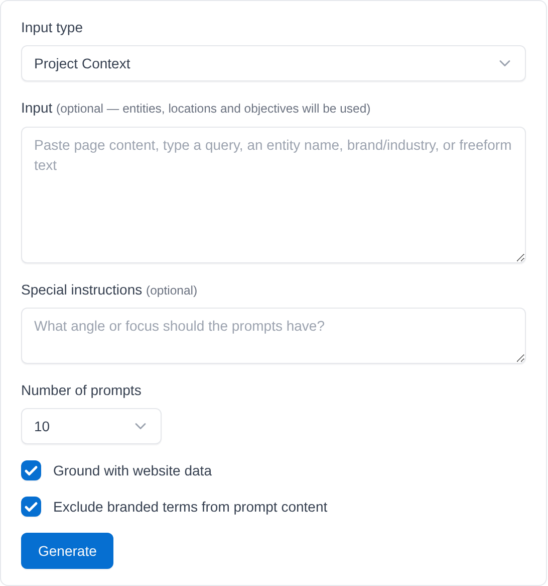 The Prompt Generator form: Input type set to Project Context, Input, Special instructions, Number of prompts 10, and both options ticked.