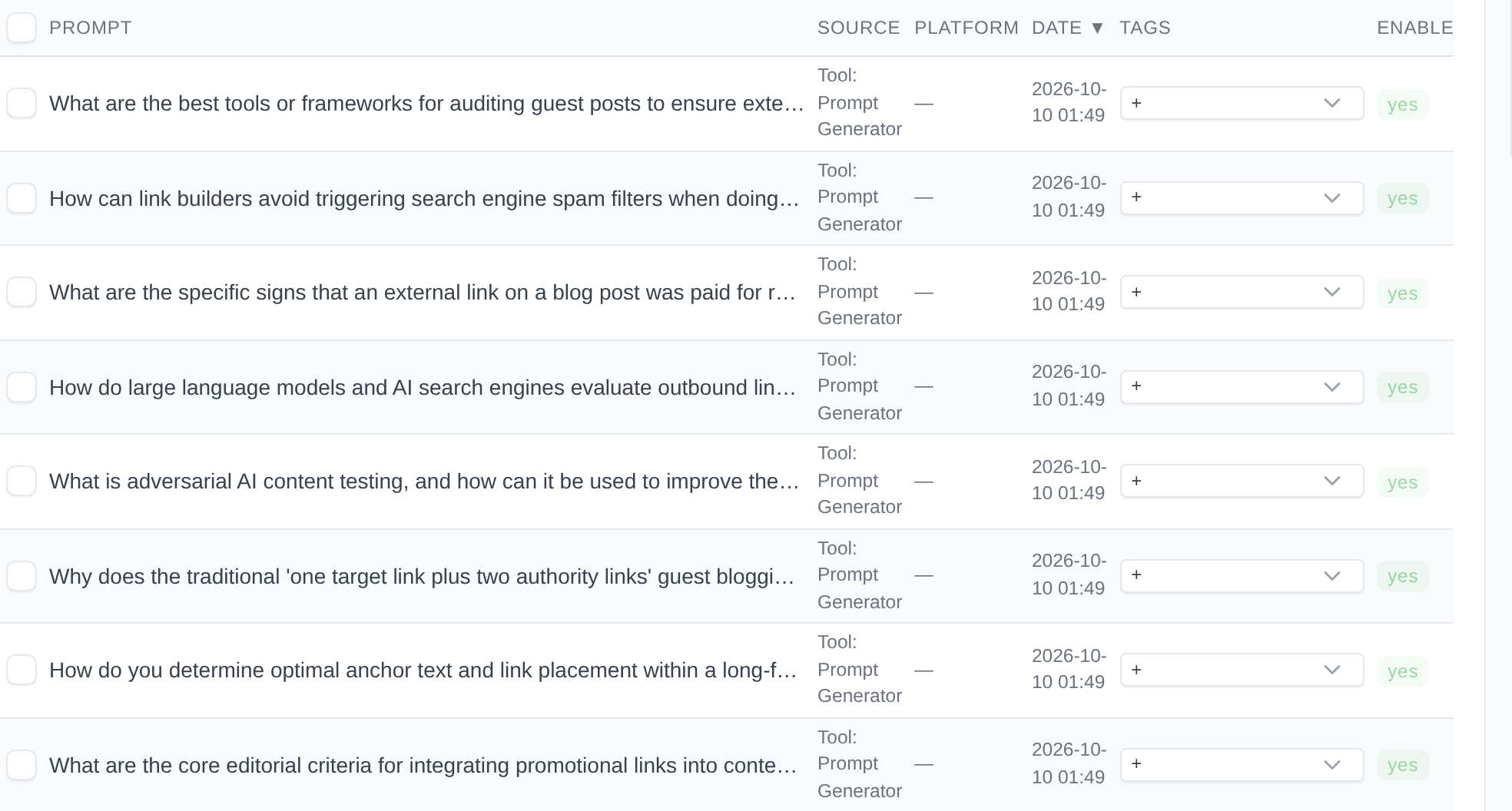 The citation prompt list filtered to the Prompt Generator, with Source shown as Tool: Prompt Generator and Enabled set to yes.