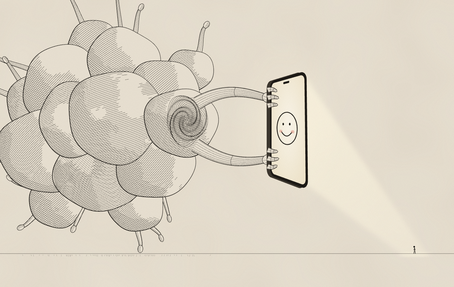 A large bulbous monster holds a smartphone with a smiley face, casting a beam of light toward a tiny stick figure.