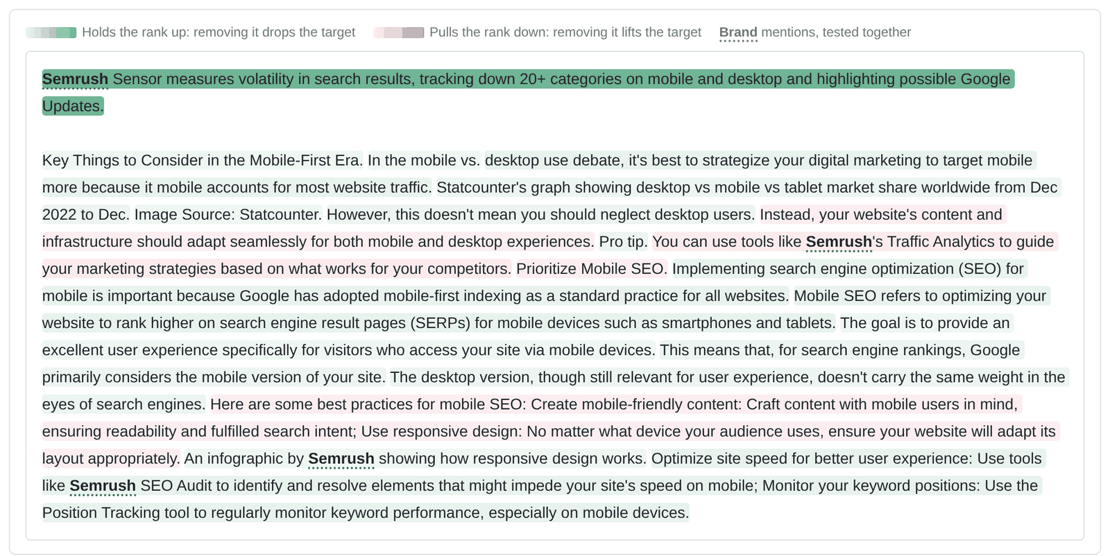 The target snippet's text with its first sentence in dark green, most other sentences in pale green, and four sentences in pale red