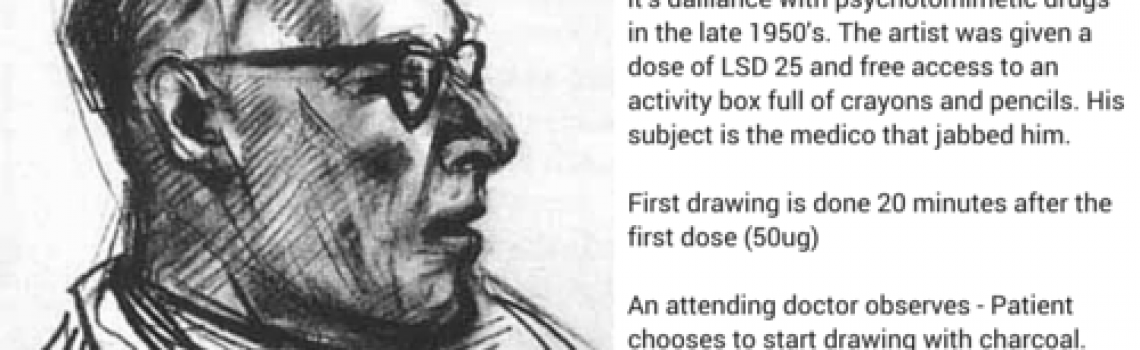 Charcoal portrait in profile of a bespectacled man, drawn in confident realistic hatching