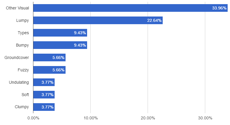 A horizontal bar chart of the clustered tags, led by Other Visual at 33.96 percent, Lumpy at 22.64 percent, then Types and Bumpy at 9.43 percent each.