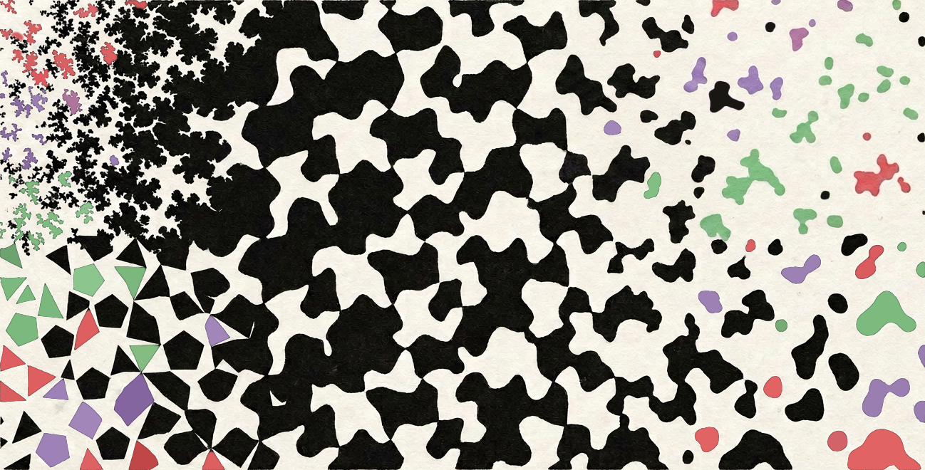 An abstract pattern of black and white cow print transitioning into geometric shapes and colorful spots on both sides.