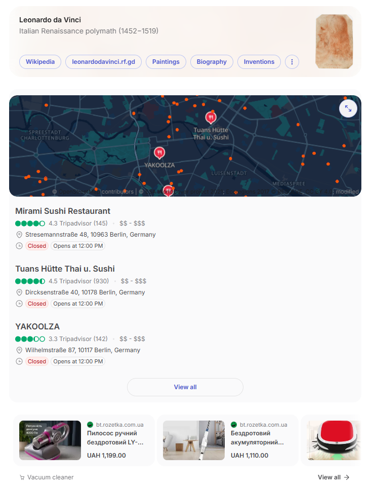 An interface mockup displays different search result widgets, including an informational profile, a restaurant map, and shopping products.