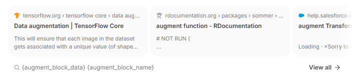 A row of three search result cards displayed in a Brave browser interface with placeholder text for augment block variables below.