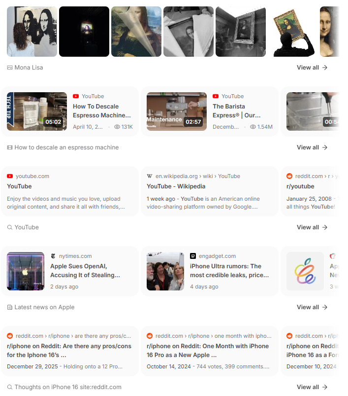 A screenshot of search result blocks from Brave Search showing categorized modules for images, videos, web links, news, and forum discussions.