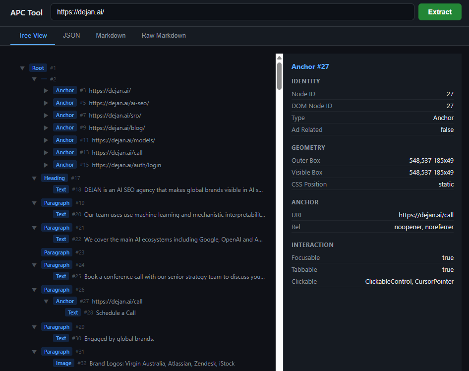 A screenshot of a software tool displaying a structured web page tree on the left and element metadata on the right.
