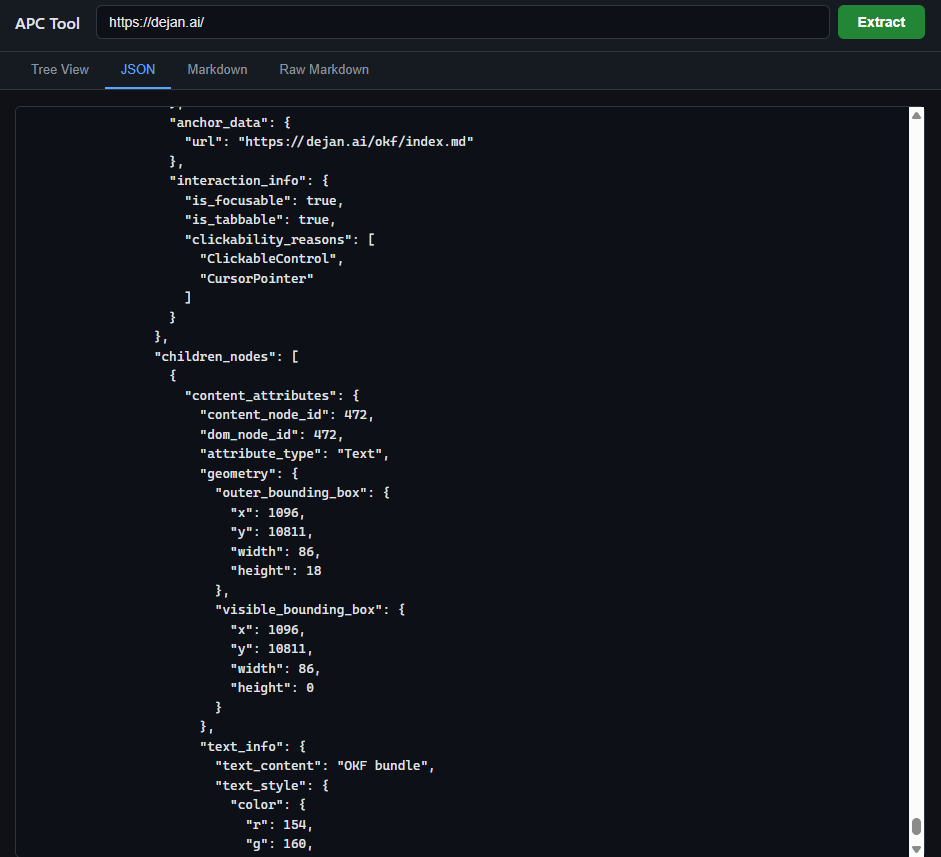 A screenshot of a web-based tool displaying structured JSON data representing website node attributes, geometry, and styling.