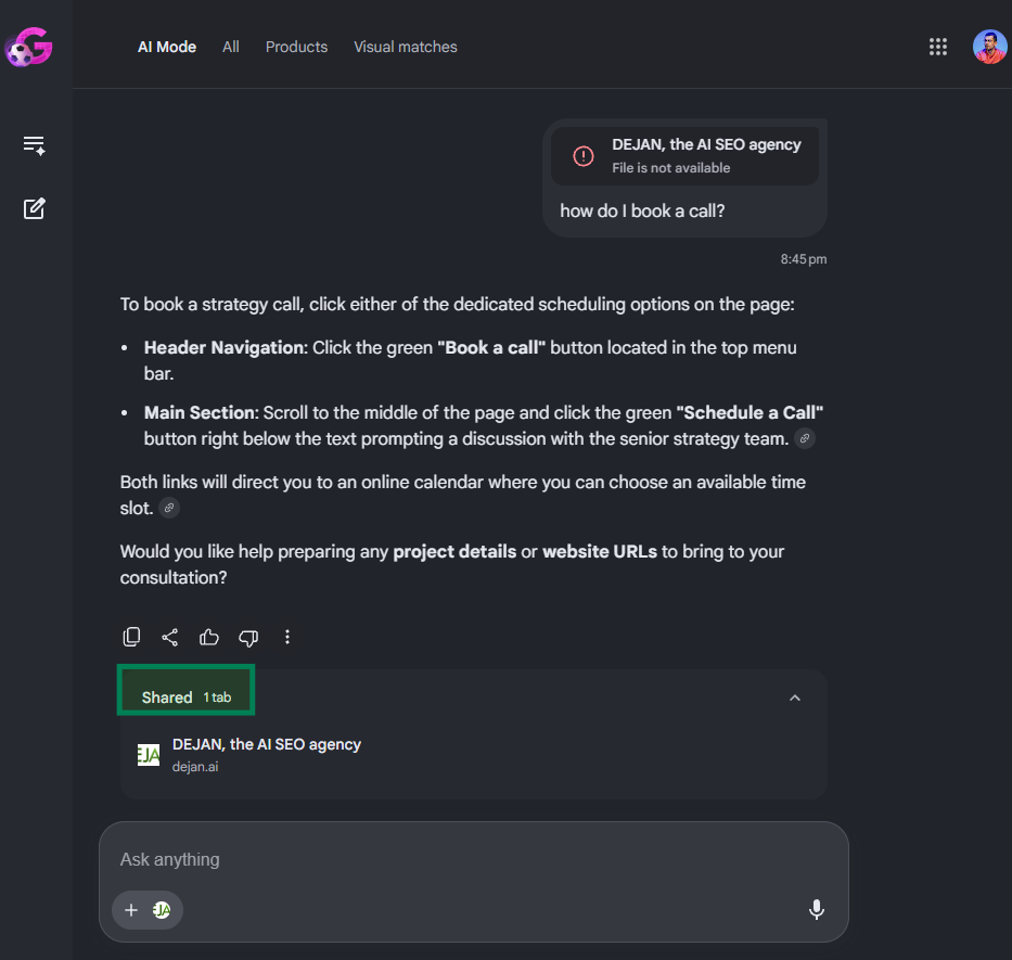 A screenshot shows a Gemini chat interface with a green box highlighting the Shared 1 tab indicator at the bottom.
