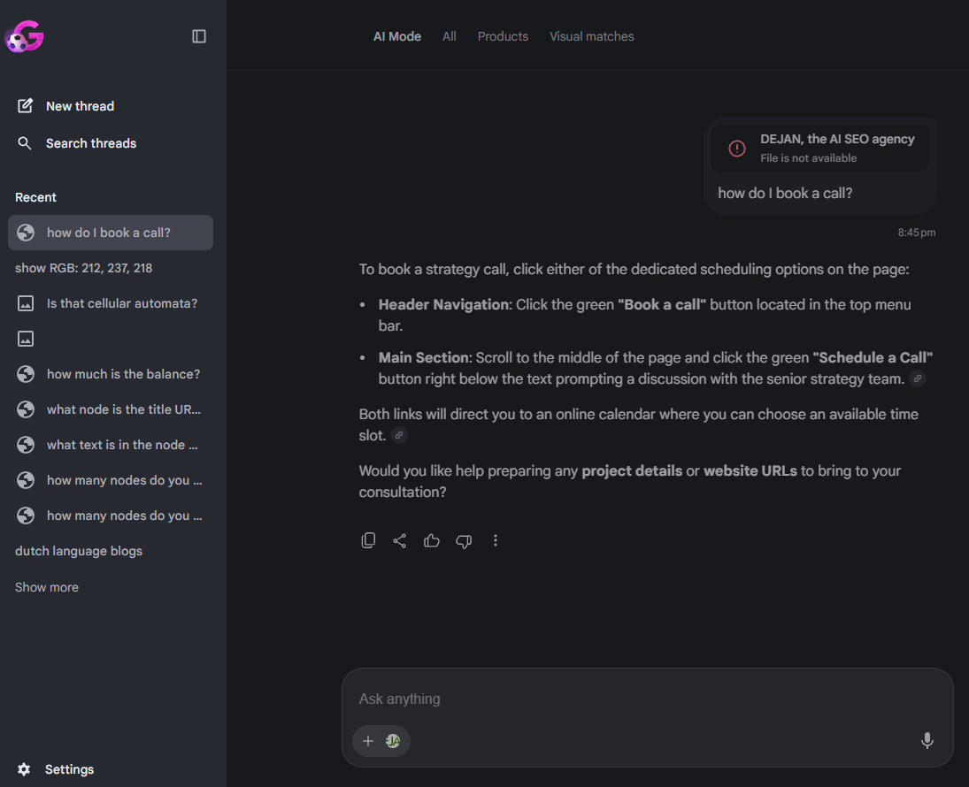A Gemini chat window shows an AI response explaining how to book a call on a webpage.