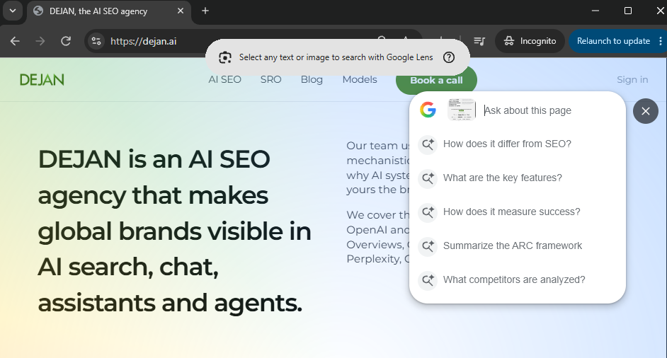 A Chrome browser window displays a website with an open Gemini side panel offering suggested questions about the page.
