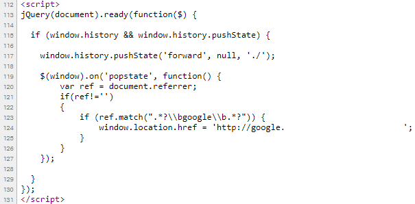 jQuery snippet that calls window.history.pushState on load, then listens for popstate and, when document.referrer matches google, redirects the browser to a spoofed Google address