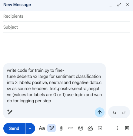 An email composition window containing a text prompt that asks for machine learning fine-tuning code.