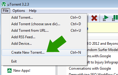 The File menu open in uTorrent 3.2.3, with a green arrow pointing at the Create New Torrent option and its Ctrl+N shortcut.