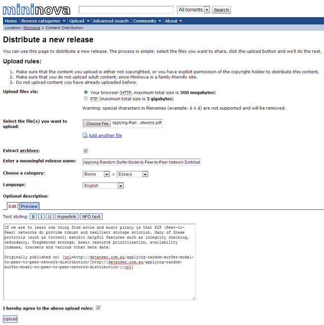Mininova's Distribute a new release form, with a PDF chosen for upload, the release name Applying Random Surfer Model to Peer-to-Peer Network Distribution, category Books, and a description box crediting the original publication.