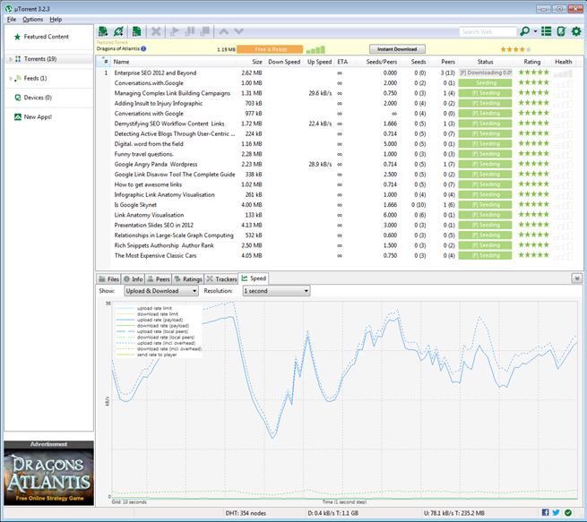 The uTorrent window listing nineteen torrents, all SEO presentations and papers, nearly every row marked Seeding, with a live upload and download speed graph beneath.