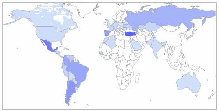 A world map shaded by download volume, with Turkey, Russia and Spain darkest, and most of the Americas, Europe, Asia and Australia shaded lighter.