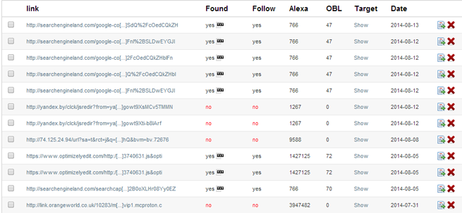 Fresh Link Finder report listing new backlinks to dejanseo.com.au from searchengineland.com, yandex.by and other domains, dated late July to mid August 2014