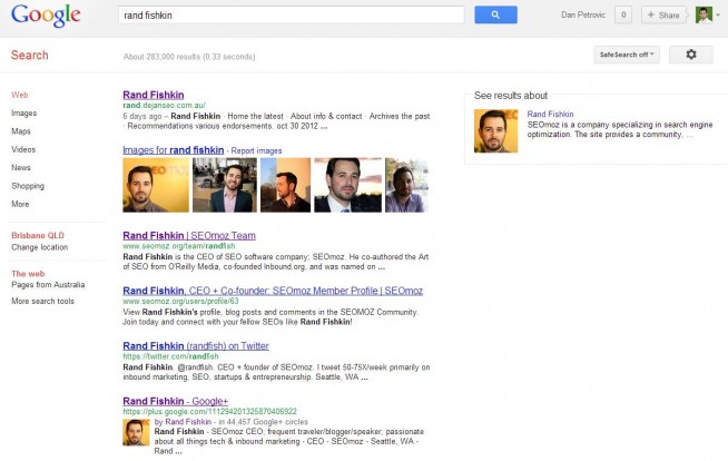 Australian Google search for rand fishkin with the rand.dejanseo.com.au copy ranking above SEOmoz and Twitter