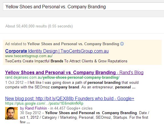 Google search for Yellow Shoes and Personal vs. Company Branding, with the rand.dejanseo.com.au copy as the first organic result