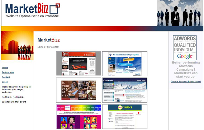 Screenshot of the MarketBizz homepage, a Dutch website optimisation and promotion agency