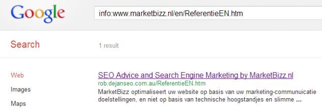 Google info: search for www.marketbizz.nl/en/ReferentieEN.htm returning a single result on the rob.dejanseo.com.au test subdomain