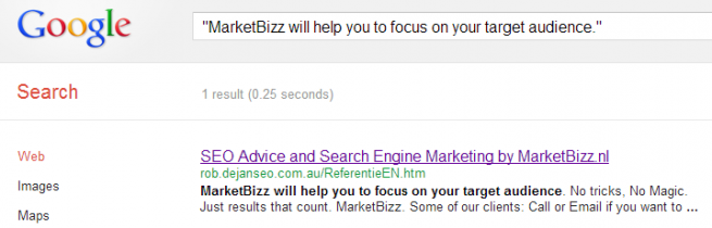 Google search for a sentence copied from the MarketBizz page, returning the rob.dejanseo.com.au copy as the only result