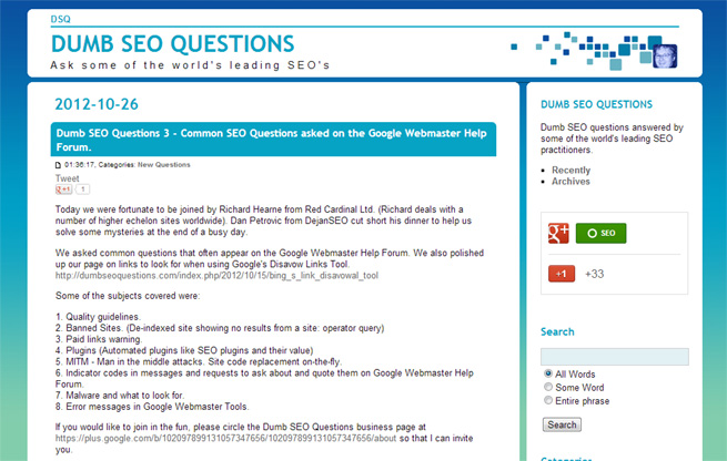 Screenshot of the Dumb SEO Questions website showing a post dated 26 October 2012