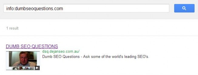 Google info: search for dumbseoquestions.com returning one result, the dsq.dejanseo.com.au copy