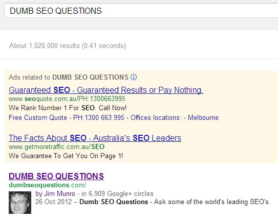 Google search for the brand Dumb SEO Questions, returning the original dumbseoquestions.com site with Jim Munro's authorship photo