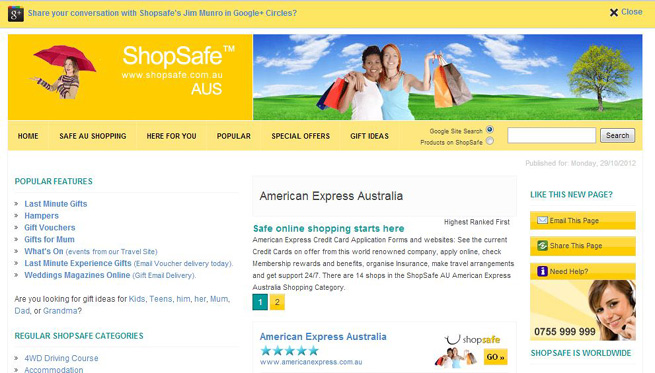 Screenshot of the ShopSafe Australia American Express category page