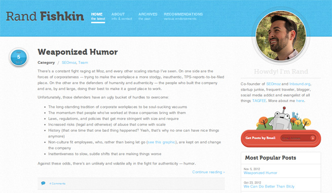 Screenshot of Rand Fishkin's personal blog showing the post Weaponized Humor