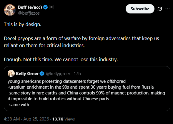 A screenshot of an X post by Beff (e/acc) framing domestic protests against data centers as foreign psyops.