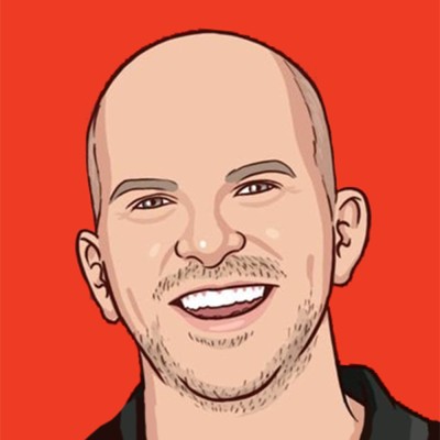 Illustrated portrait of Cyrus Shepard with light facial stubble against a solid red background.