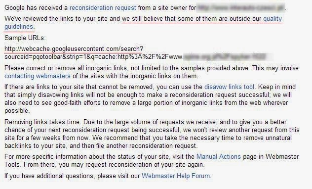 Google reconsideration request response showing a web cache URL listed as a sample of inorganic links.