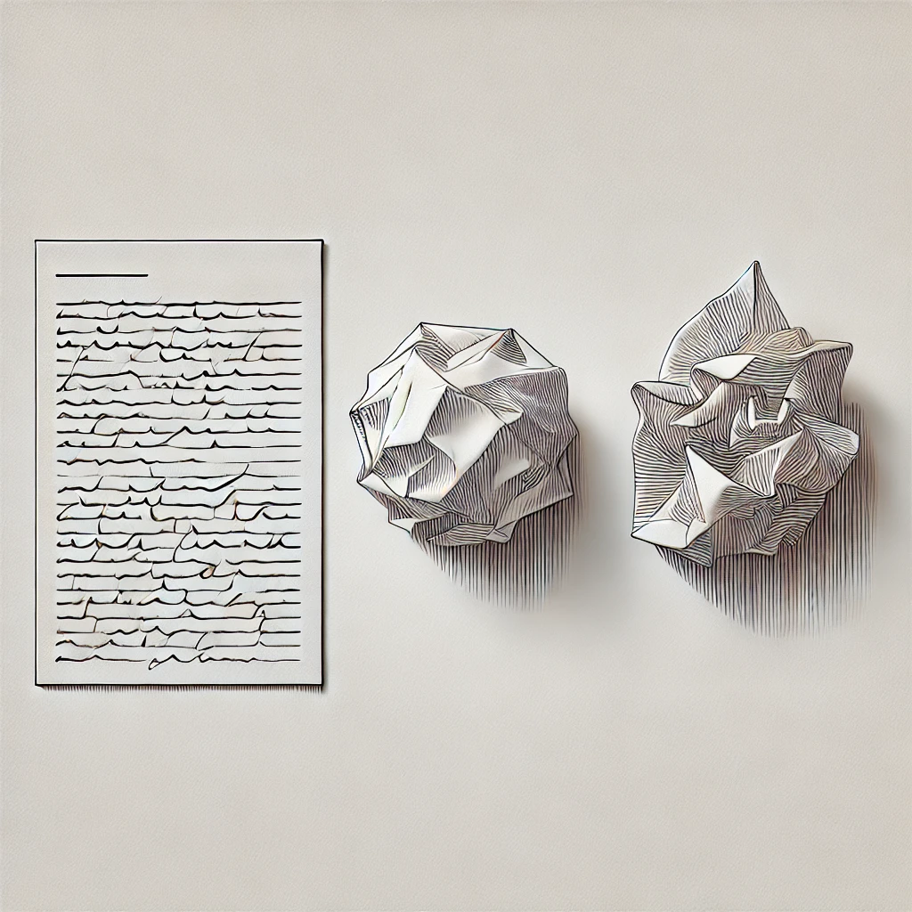 Three illustrated objects on a neutral background showing a flat sheet of lined paper next to two crumpled paper balls.